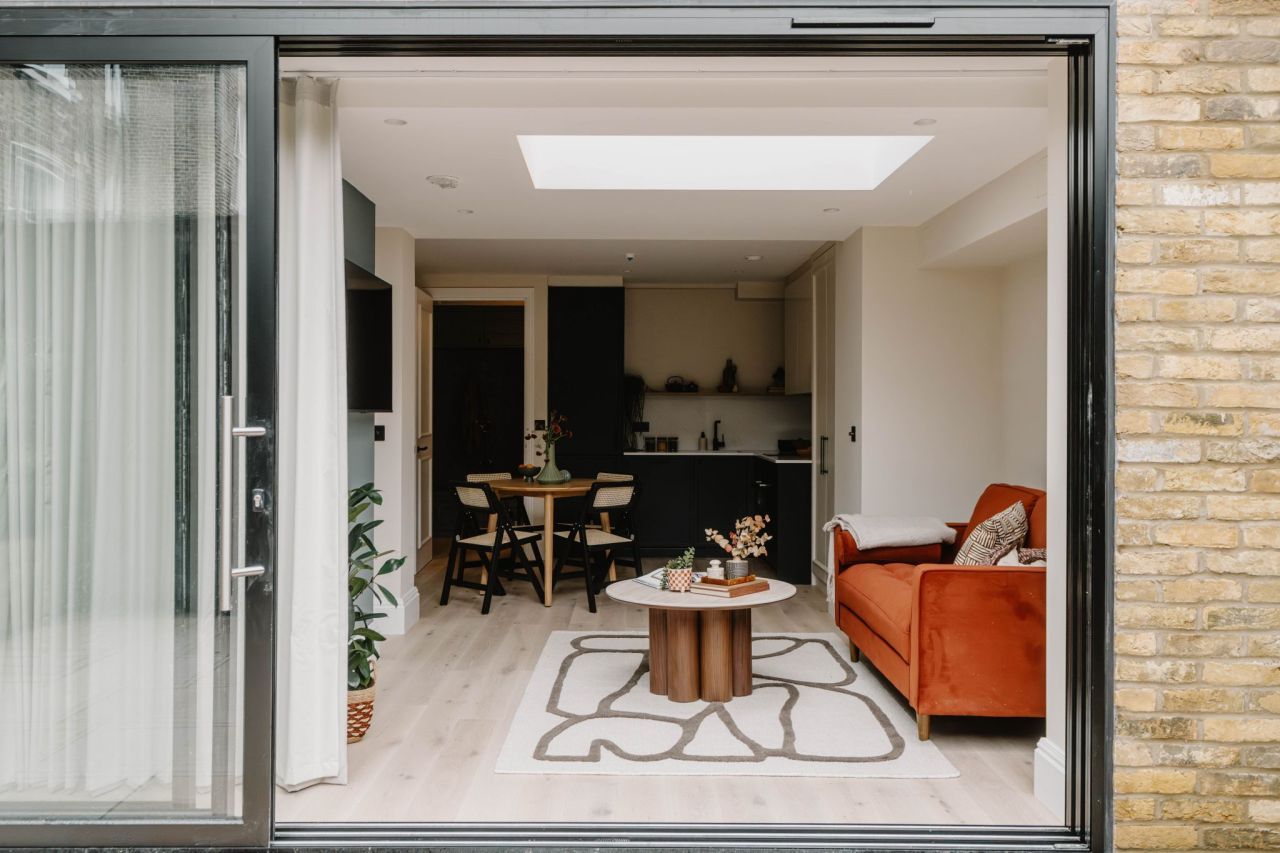 Rear extension interior with skylight and open-plan kitchen-living